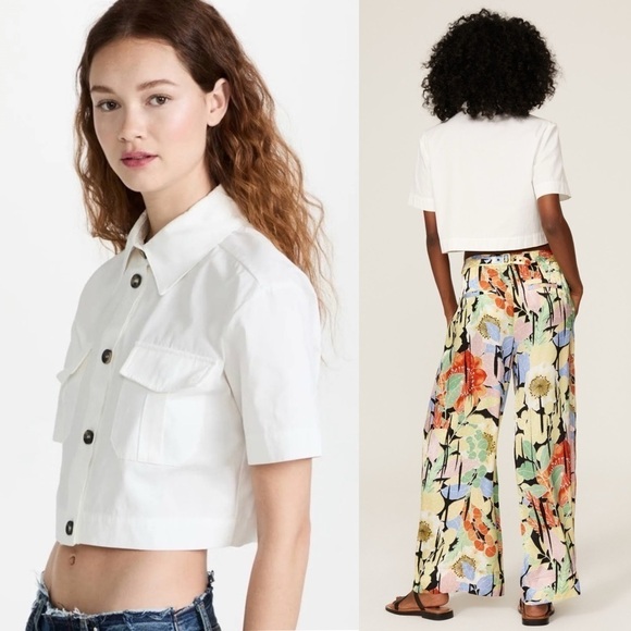 ANINE BING 90s Short Sleeve Cotton Poplin Button Up Crop Utility Camp Shirt XS - Picture 10 of 16